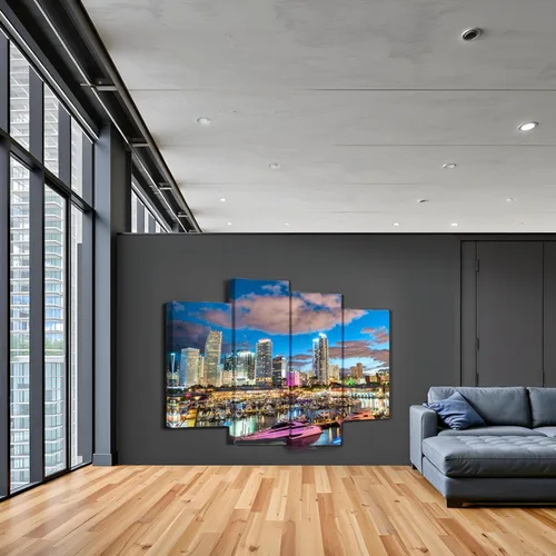 Vista 5 de Nachic Wall Lienzo decorativo de 4 piezas de arte para pared, diseño de horizonte nocturno de Miami, impresión en lienzo de paisaje urbano