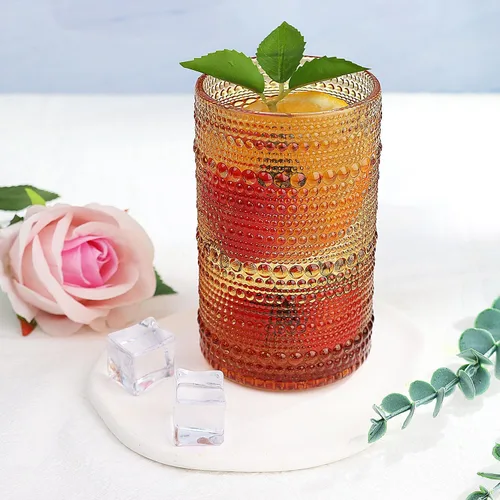 Vista 4 de Juego de 6 vasos de vidrio Lumkit acanalados para beber, juego de cristalería vintage cóctel, vasos para jugo de 13 onzas, ámbar