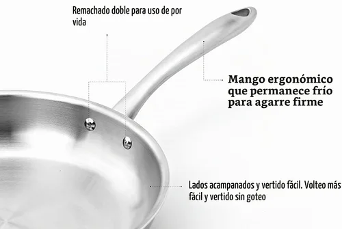 Vista 6 de Sartén de acero inoxidable de 5 capas de 10 pulgadas, construcción revestida de 5 capas, sartén de grado profesional, acabado cepillado, sartén