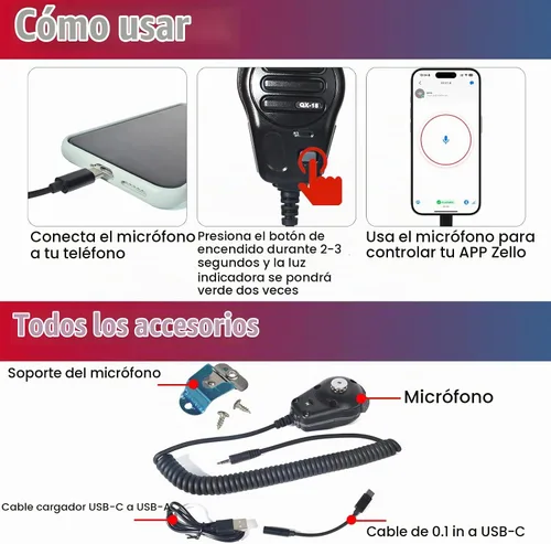 Vista 3 de PTT - Micrófono con cable para la aplicación ZELLO, compatible con iOS y Android con batería de 800 mAh, cable de carga, adaptador tipo C, soporte