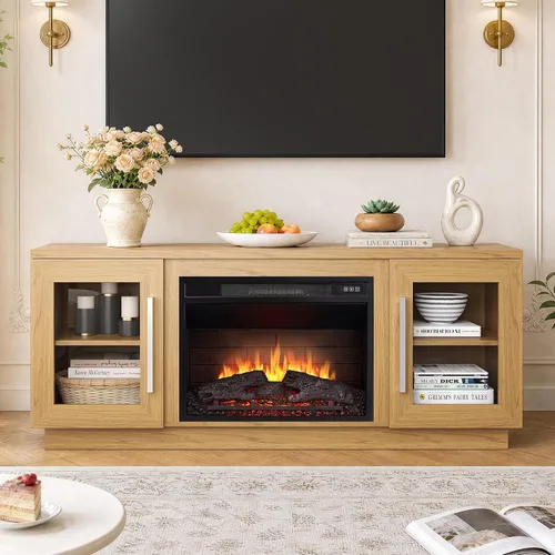 Vista 2 de Cheerway Soporte de TV con chimenea 3D para televisores de hasta 65 pulgadas, mesa de centro de entretenimiento multimedia de madera y gabinetes