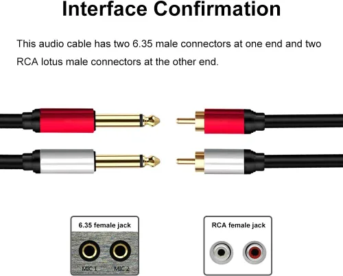 Vista 2 de 2 cables de 0.250 in a 2RCA, doble conector estéreo TS macho de 1/4 pulgadas a 2 RCA macho adaptador divisor de cable de audio estéreo