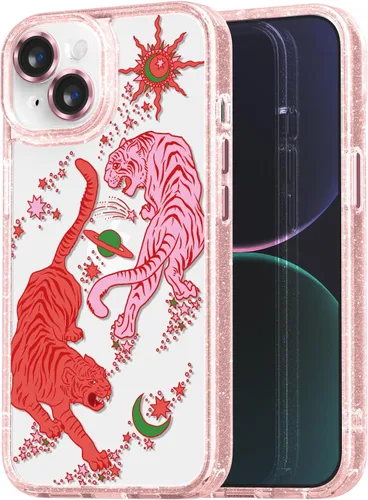 Vista 132 de Compatible para iPhone 13 Funda Bonita Estética - Funda para Teléfono Rosa con Purpurina con Protector de Cámara - Diseño de Cubierta