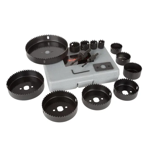 Vista 2 de Kit de sierra de metal de 16 piezas con 12 piezas de sierra de agujero de 3/4 a 5 pulgadas, llave hexagonal, placa de transmisión, 2 pérgolas
