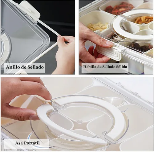 Vista 7 de Paquete de 2 Cajas Snackle con Asa para Bandeja de Servir Alimentos Plato de Aperitivos con Tapas Contenedor Apilable de Frutas y Verduras con 8