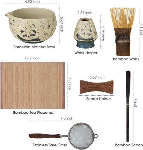 Vista 5 de Juego de batidor de matcha de 7 piezas con cuenco y batidor de 100 puntas Intricate Hand-Applied Decal, Bamboo Tea Mat Included, 100-Prong for