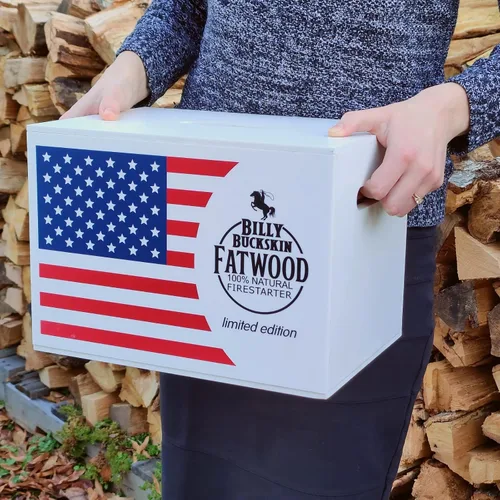 Vista 4 de Juego de caja de regalo de madera de grasa de 10 libras, palos de inicio de fuego en una caja de almacenamiento de la bandera de Estados Unidos