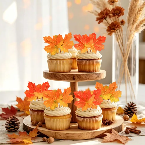 Vista 5 de Ercadio Paquete de 30 adornos para cupcakes con hojas de arce de otoño, purpurina dorada, hojas de arce de otoño, cosecha de otoño, temática de A-Oro