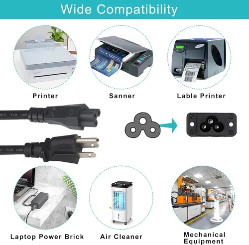 Vista 7 de Cable de alimentación de CA de repuesto de 2 pies para laptop, cable de alimentación universal de 3 clavijas, 18 AWG, resistente, NEMA 5-15P a C5