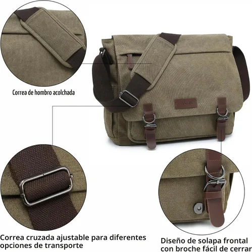 Vista 7 de Bolso de hombro grande vintage de lona para mensajero, bolso cruzado para viajes, cartera, maletín, bolsa de negocios para portátil de 15 pulgadas