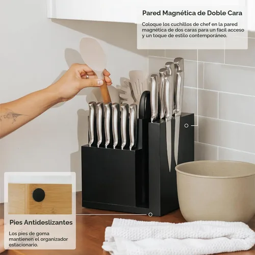 Vista 5 de KitchenEdge Bloque magnético de bambú para cuchillos y soporte para utensilios de cocina, almacenamiento elegante para cuchillos de chefs, cuchillos