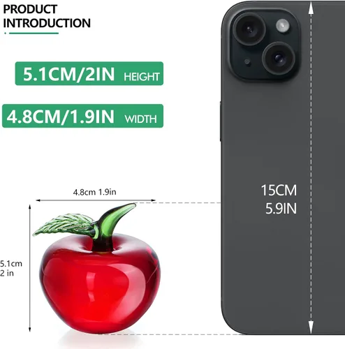 Vista 2 de Figura de manzana roja de vidrio soplado a mano de 2 pulgadas, frutas de cristal, coleccionables, manzanas, adorno decorativo para el hogar