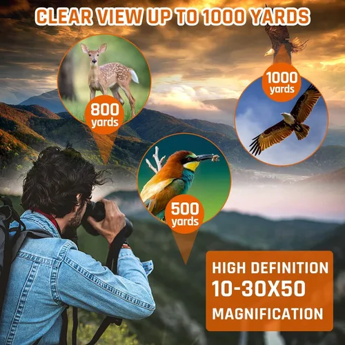 Vista 6 de Prismáticos 10-30x50 con Zoom para Adultos, Prismáticos Militares de Alta Potencia para Observación de Aves, Viajes, Caza, Conciertos con Vista