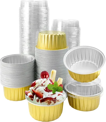 Vista 18 de 100 piezas de tazas de aluminio con tapas, 5 onzas de tazas desechables de ramekin para hornear, forros para magdalenas, mini moldes para tartas
