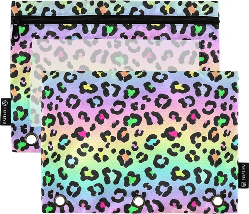 Vista 7 de Gredecor Estuche para lápices con 3 anillas, diseño de vaca rosa abstracta, con cremallera, 2 unidades, organizador de carpetas transparentes