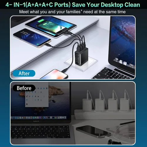 Vista 5 de [Paquete de 4] Cargador de pared USB-C, adaptador de corriente rápido 3.0+PD 3.0 de 35 W y 4 puertos