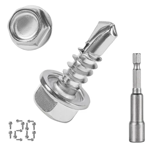 Vista 10 de QSJ Juego de 155 tornillos de chapa #8 de acero inoxidable 410, cabeza hexagonal de arandela, tornillos autorroscantes rápidos con punta