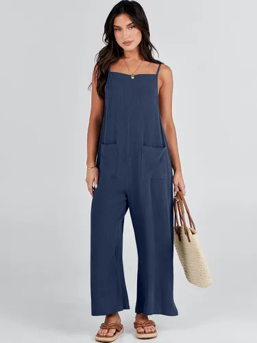 Vista 7 de ANRABESS Overol de lino con bolsillos para mujer, estilo casual, suelto, largo, con pierna ancha