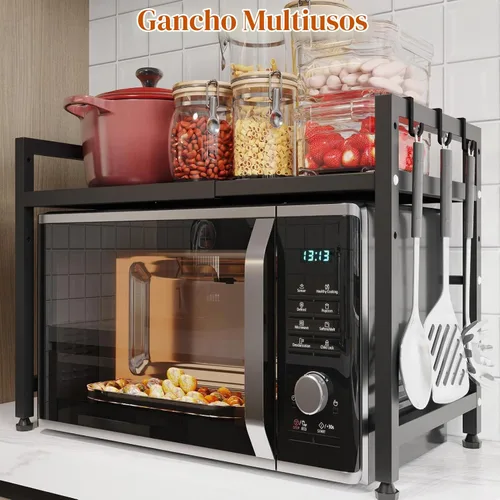 Vista 5 de Soporte extensible para horno de microondas, estante ajustable para microondas, estante para tostadora, estante resistente, organizador de encimera