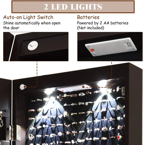 Vista 5 de Giantex Armario de joyería para puerta de pared con espejo de longitud completa, 2 LED con cerradura grande organizador de joyas con espejo ancho