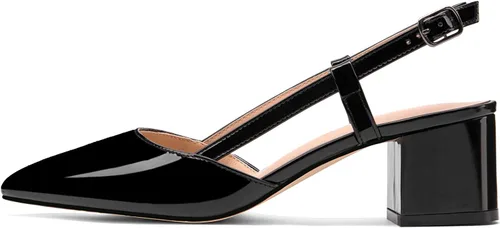 Vista 2 de Zapatos de tacón bajo de charol grueso de 1.5 pulgadas con correa al tobillo y puntera puntiaguda, zapatos de vestir para negocios