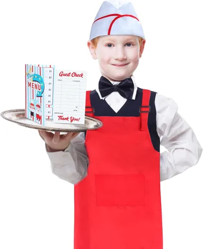 Vista 7 de Keymall Juego de disfraz de camarero para niños, kit de disfraz de proveedor, 6 piezas, delantal, pajarita, guantes, tarjetas para Halloween, juego