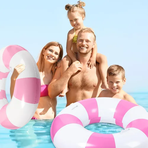 Vista 5 de 6 flotadores de piscina a rayas rosas y blancas para adultos, anillo de natación grande inflable con asas de 47.24 pulgadas, 35.43 pulgadas, tubos