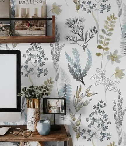 Vista 6 de NextWall Wild Garden - Papel tapiz autoadhesivo (azul glaciar y latón mate)
