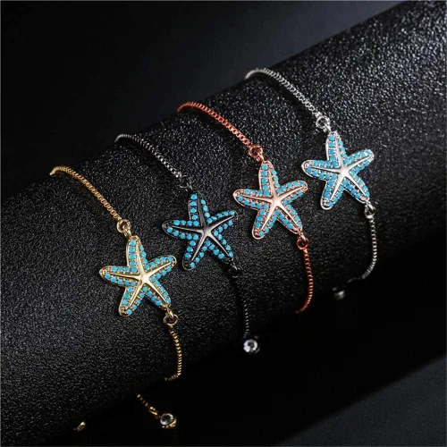 Vista 5 de NEWBUY Pulsera de moda con diseño de estrella de mar de mar para mujer, niña, color turquesa