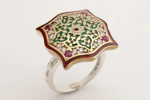Vista 8 de Motif Style Turkish Handmade All Authentic Jewelry Red Enamel Round Cut Ruby Topaz 925 Sterling Silver Ring Size All