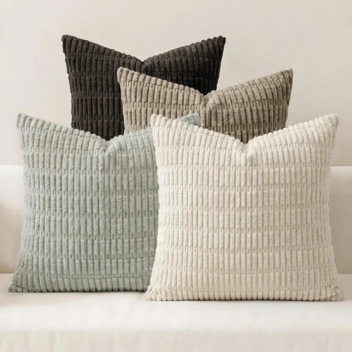 Vista 19 de Juego de 4 fundas de almohada decorativas de pana de 16 x 16 pulgadas, beige y verde Fundas de almohada suaves a rayas estilo bohemio moderno