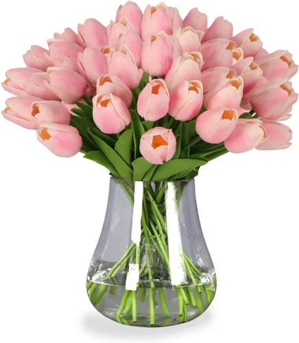 Vista 13 de 30 tulipanes reales al tacto, flores de poliuretano, tulipanes artificiales para arreglos de boda, fiesta, Pascua, primavera, hogar, comedor, Rosa