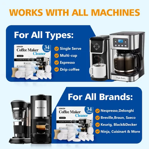 Vista 6 de Pastillas Limpiadoras Descalcificadoras para Máquina de Café Paquete de 34, Limpiador para Cafetera para Keurig, Ninja, Breville, Delonghi
