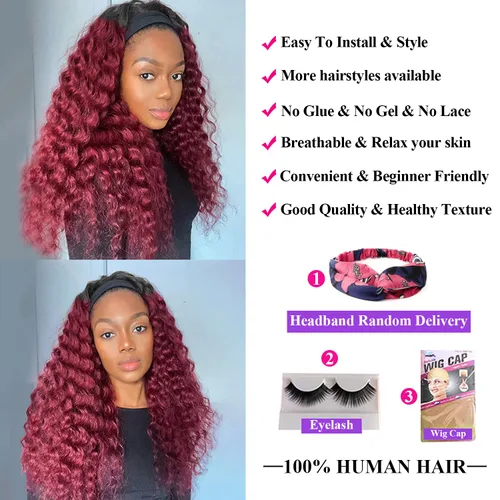 Vista 5 de Aiterina - Peluca de cabello humano con diadema de onda profunda para mujeres negras, cabello brasileño remy, sin pegamento, sin encaje frontal