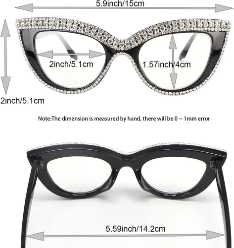Vista 5 de Gafas de Lectura de Ojo de Gato con Diamantes de Imitación Brillantes, Magnificadas con Bloqueo de Luz Azul 2 Pack blanco