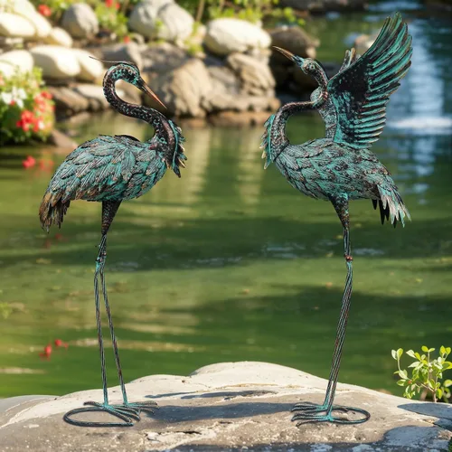Vista 7 de Decoración de flamencos de metal vibrante, arte de metal grande para patio, decoración al aire libre, estatuas de jardín, flamenco rosa de pie