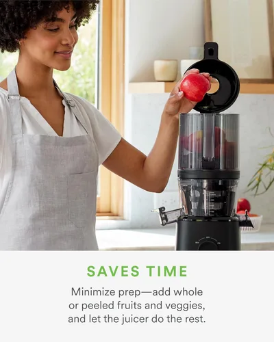 Vista 3 de NAMA J2 Extractor de jugo de prensado en frío – Autoalimentación para operación sin manos con tolva de boca ancha para carga de receta completa Negro