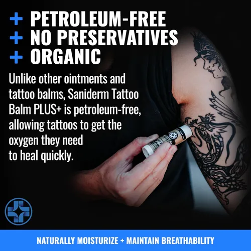 Vista 4 de Saniderm Tattoo Aftercare Balm PLUS+ – Pequeño (0.6 oz) – Sin petróleo, hidratante orgánico para tatuajes infundido con plata coloidal, aceite