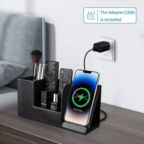 Vista 3 de Organizador de escritorio de cuero PU con soporte de estación de carga inalámbrica para iPhone 10W, soporte rectangular para caja de pañuelos negro