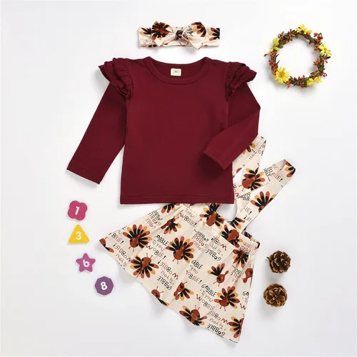 Vista 3 de TBUIALL Conjunto de ropa de Halloween para niña pequeña, Acción de Gracias, para niños y niñas, manga larga con volantes, color liso
