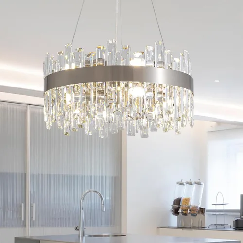 Vista 30 de Siljoy - Candelabro de cristal moderno, 12 luces, lujoso, redondo, de 2 niveles, con cristal K9 en forma de gota de lluvia, lámpara colgante de Oro