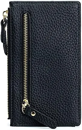 Vista 2 de Cartera delgada de piel auténtica para mujer, con tarjetero plegable para tarjetas de identificación, d1 negro