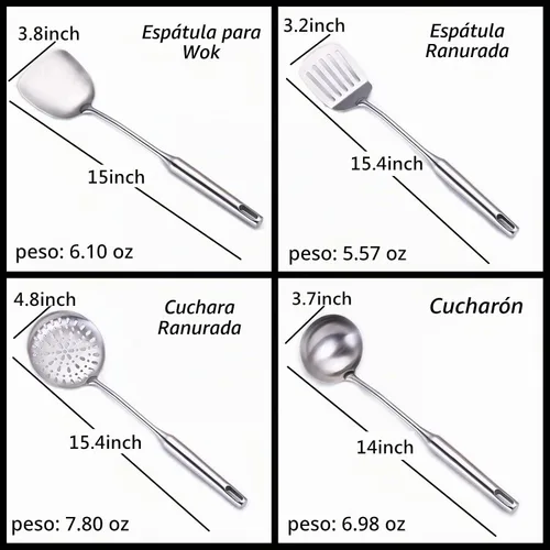 Vista 3 de Juego de utensilios de cocina de acero inoxidable 304 de 4 piezas con asas extralargas, espátula, cucharón, cuchara ranurada, espátula ranurada