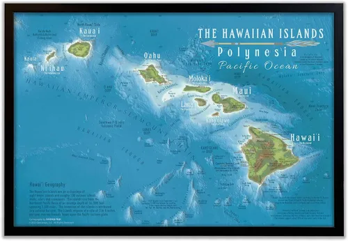 Vista 3 de Hawaii Map Wall Art - Framed Hawaii State Map With Travel Destinations - 36x24 Inches - Includes 500 Pins - Hawaiian Wall Art- Designed by a