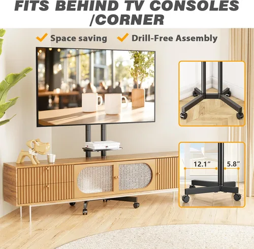 Vista 4 de Soporte de TV rodante con ruedas mejoradas para televisores de 32 a 75 pulgadas, soporte de TV móvil de altura ajustable con estante para laptop
