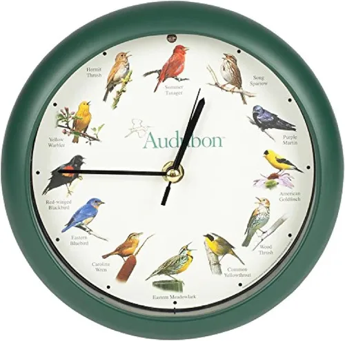 Vista 8 de Mark Feldstein, Audubon - Reloj de pared con diseño de pájaro cantante, 13 pulgadas, cereza prémium