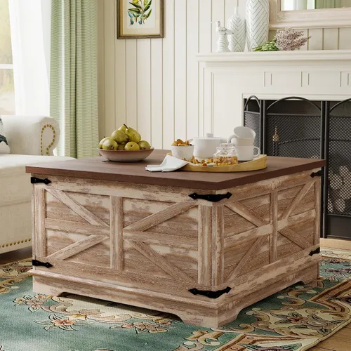 Vista 7 de senlin Mesa de café de casa de campo, mesa de café resistente con almacenamiento, mesa central cuadrada de madera con compartimento
