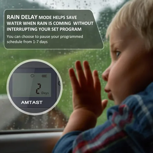 Vista 5 de Temporizador de riego programable para manguera de jardín con retardo de lluvia, función de riego por goteo manual/automático, sistema de riego