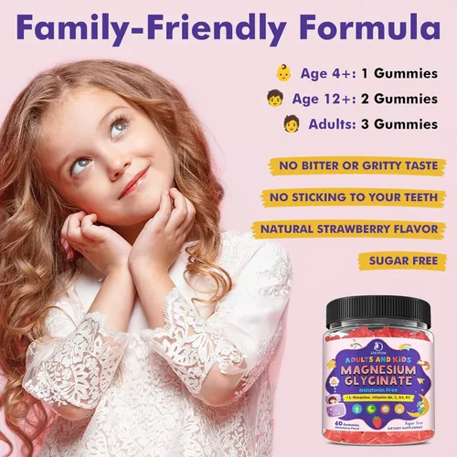 Vista 7 de Gomitas de glicinato de magnesio para niños mayores de 4 años y adultos, glicinato de magnesio 150/300 mg para sueño natural, relajación y apoyo