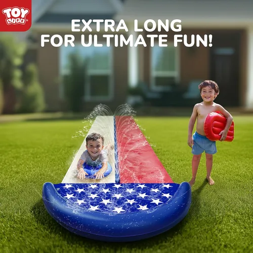 Vista 9 de TOY Life Toboganes acuáticos gigantes de bandera estadounidense para niños, tobogán acuático de 20 pies, patio trasero con 2 tablas de bodyboard, 2